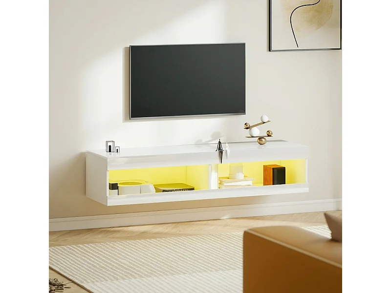 Meuble TV mural ou bas 140 × 40 × 30 cm blanc laqué, LED RGB, rangement ouvert, salon/chambre