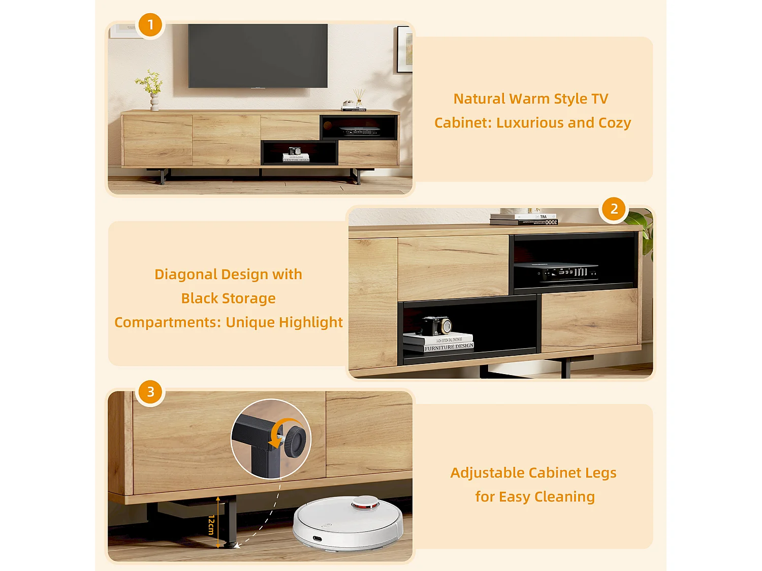 Meuble TV 170 Bois, 2 Portes & 2 Tiroirs & 2 Compartiments, Meuble Télé Longueur de Salon Bas