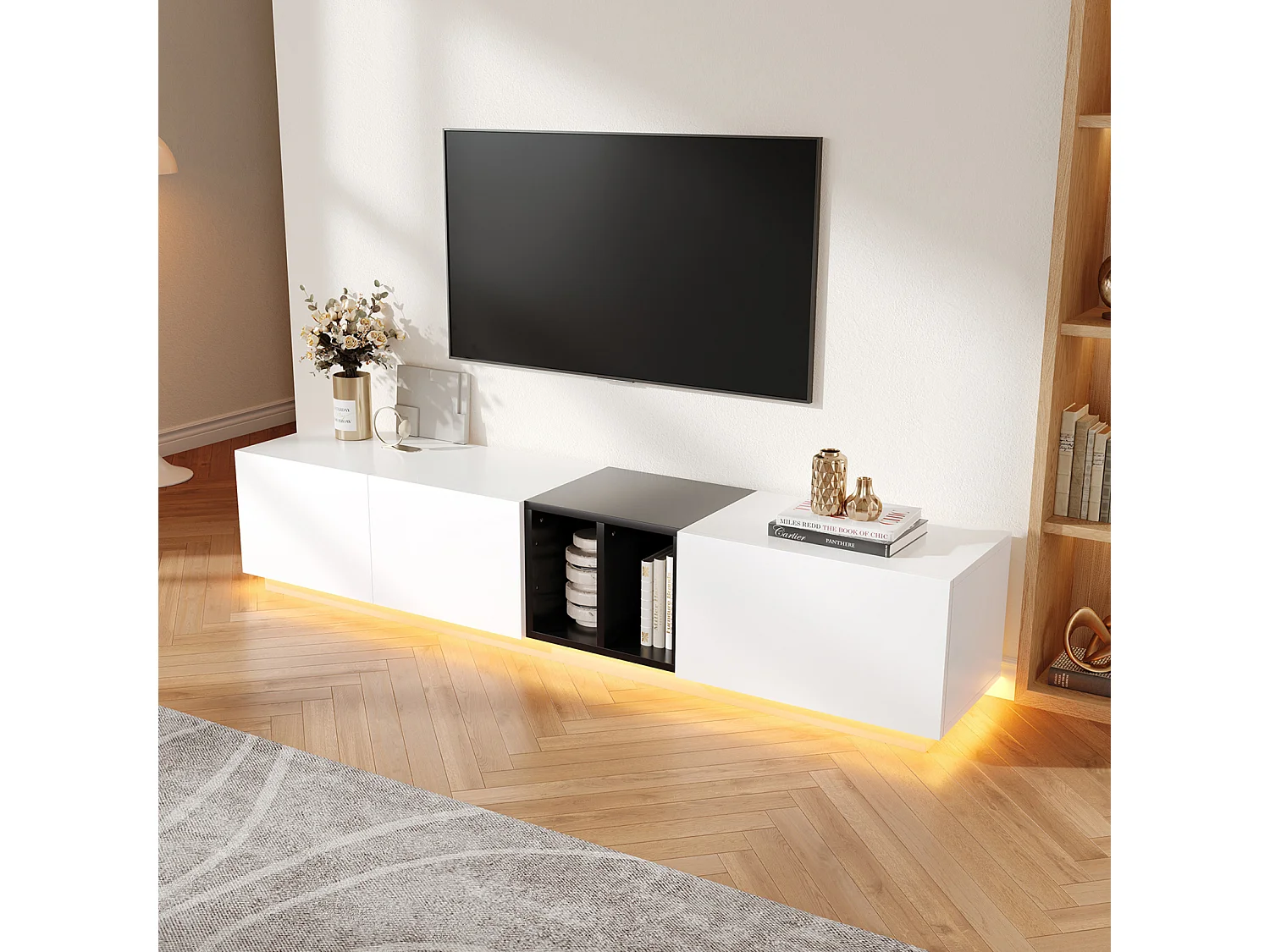 Mobile porta TV moderno in bianco e nero – con cassetti e ripiani aperti, 190 x 40 x 35 cm, per soggiorno
