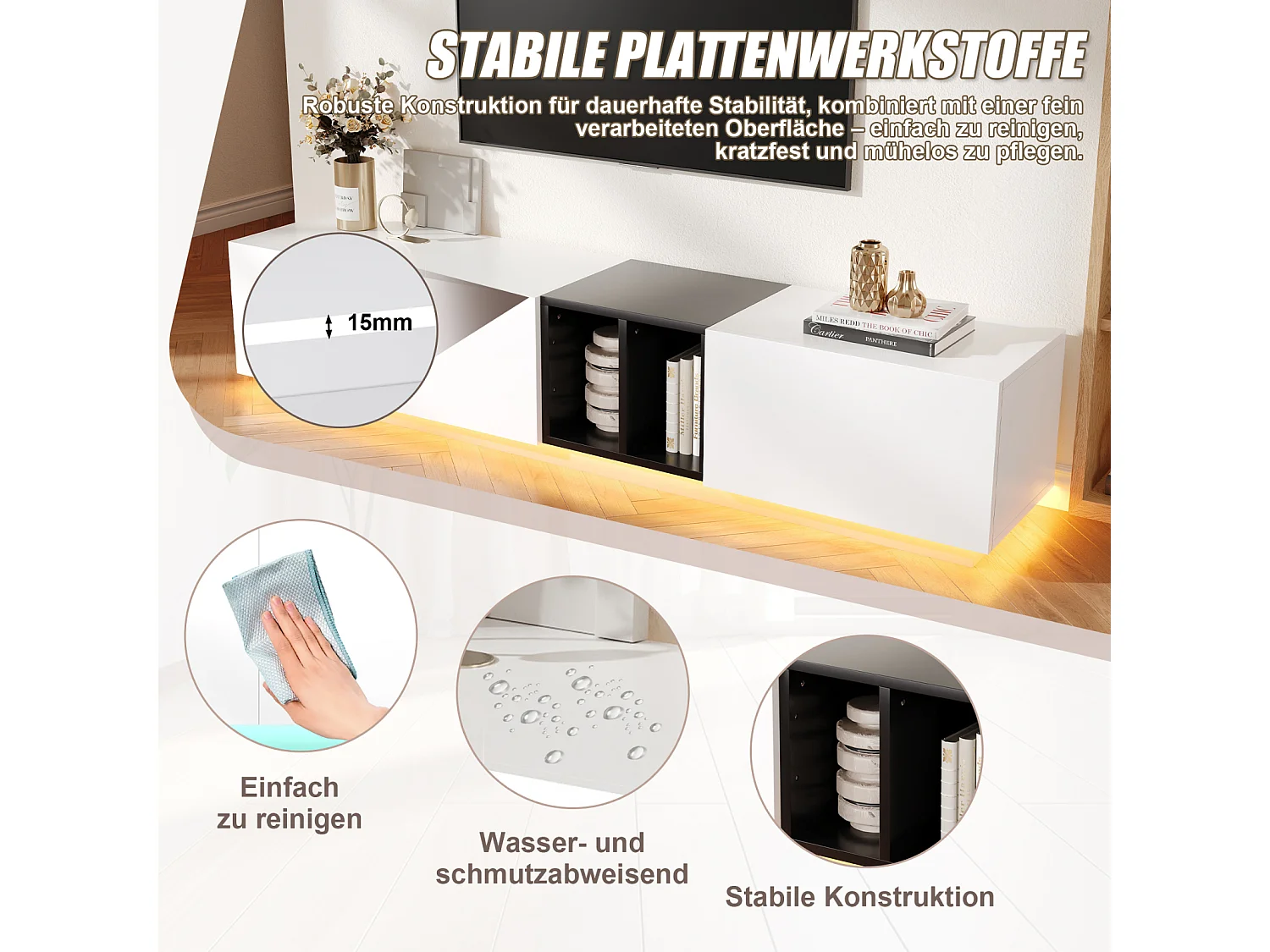 Mobile porta TV moderno in bianco e nero – con cassetti e ripiani aperti, 190 x 40 x 35 cm, per soggiorno