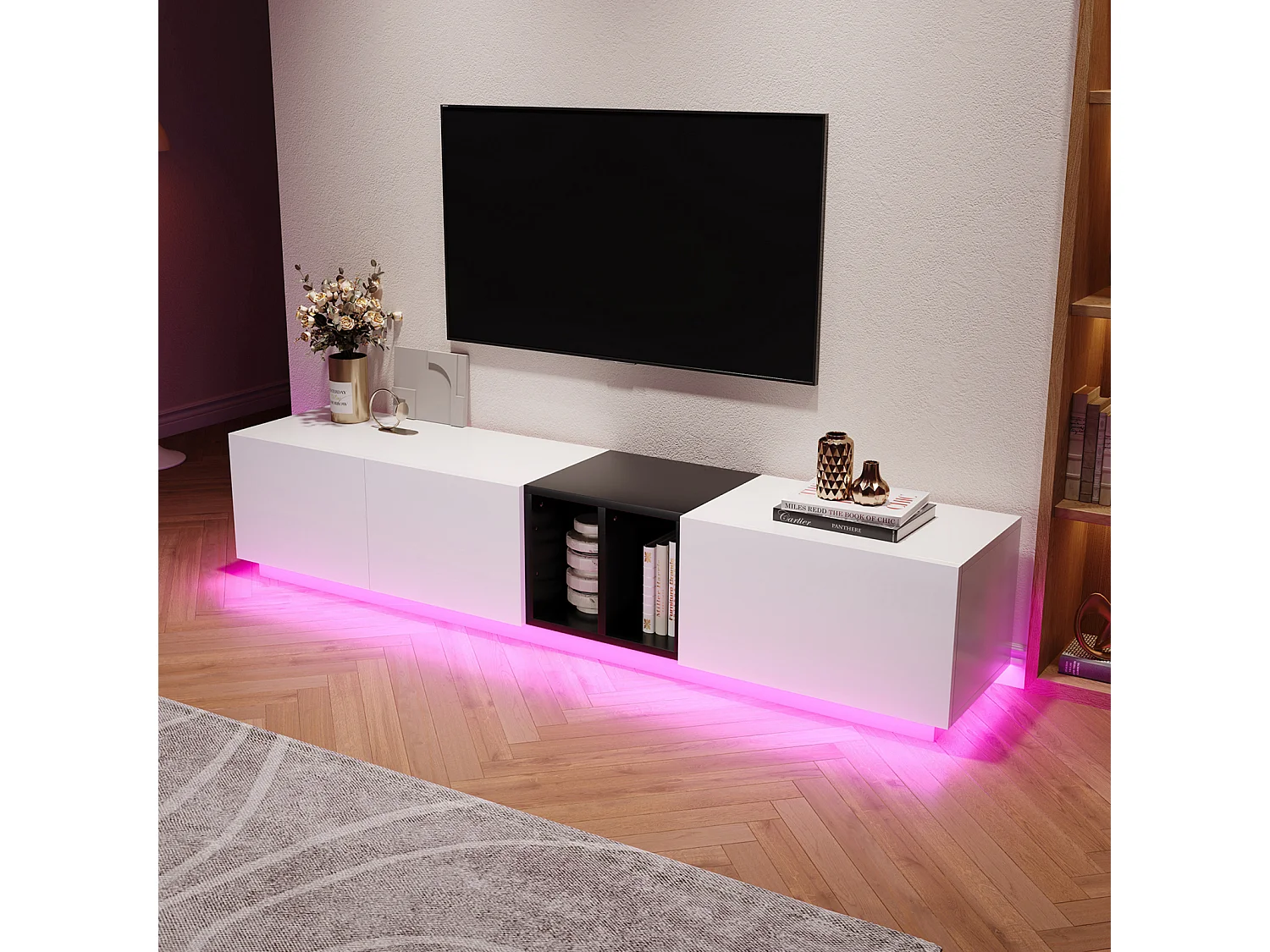 Meuble TV moderne noir et blanc – avec tiroirs et niches ouvertes, 190 x 40 x 35 cm, pour salon