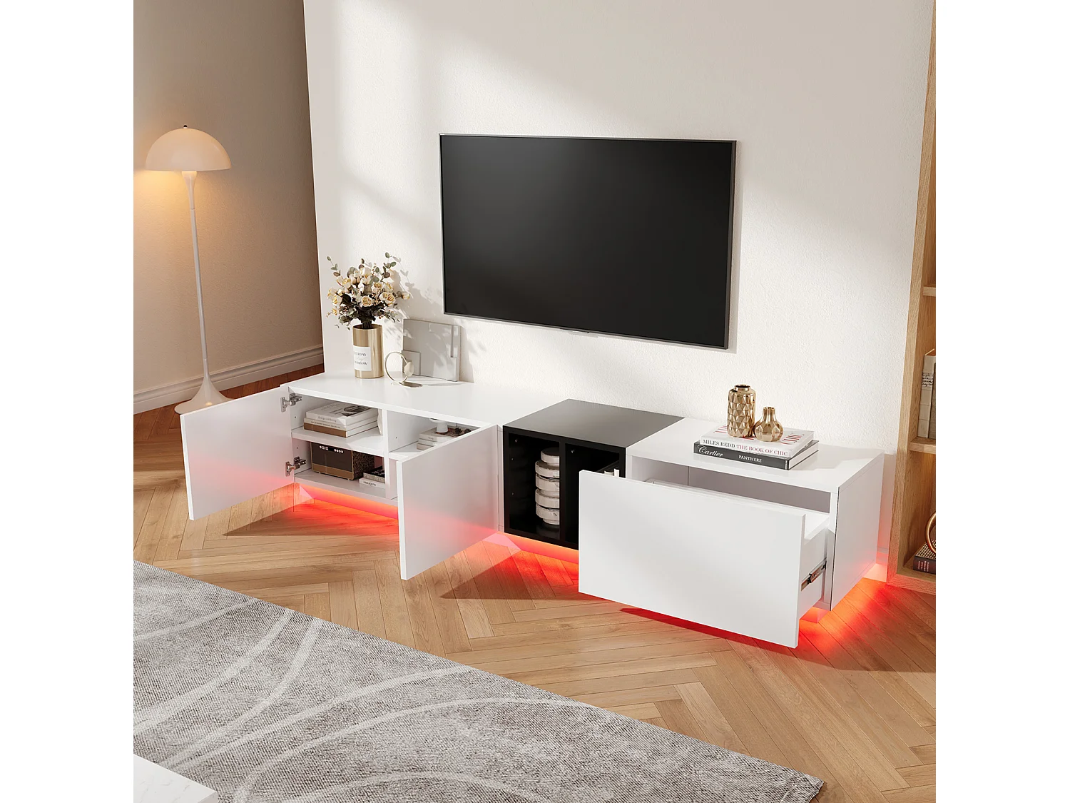 Meuble TV moderne noir et blanc – avec tiroirs et niches ouvertes, 190 x 40 x 35 cm, pour salon