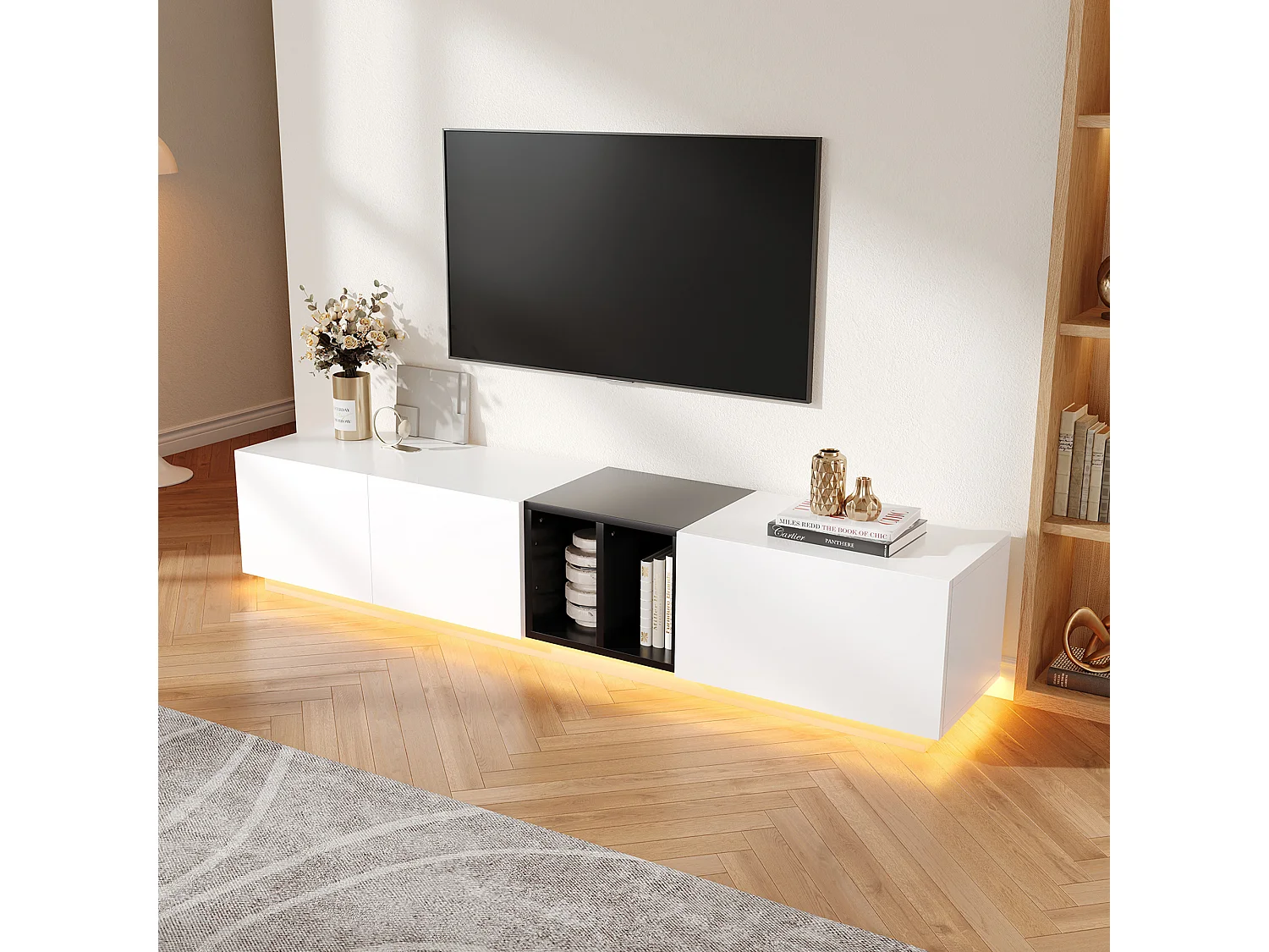 Meuble TV moderne noir et blanc – avec tiroirs et niches ouvertes, 190 x 40 x 35 cm, pour salon
