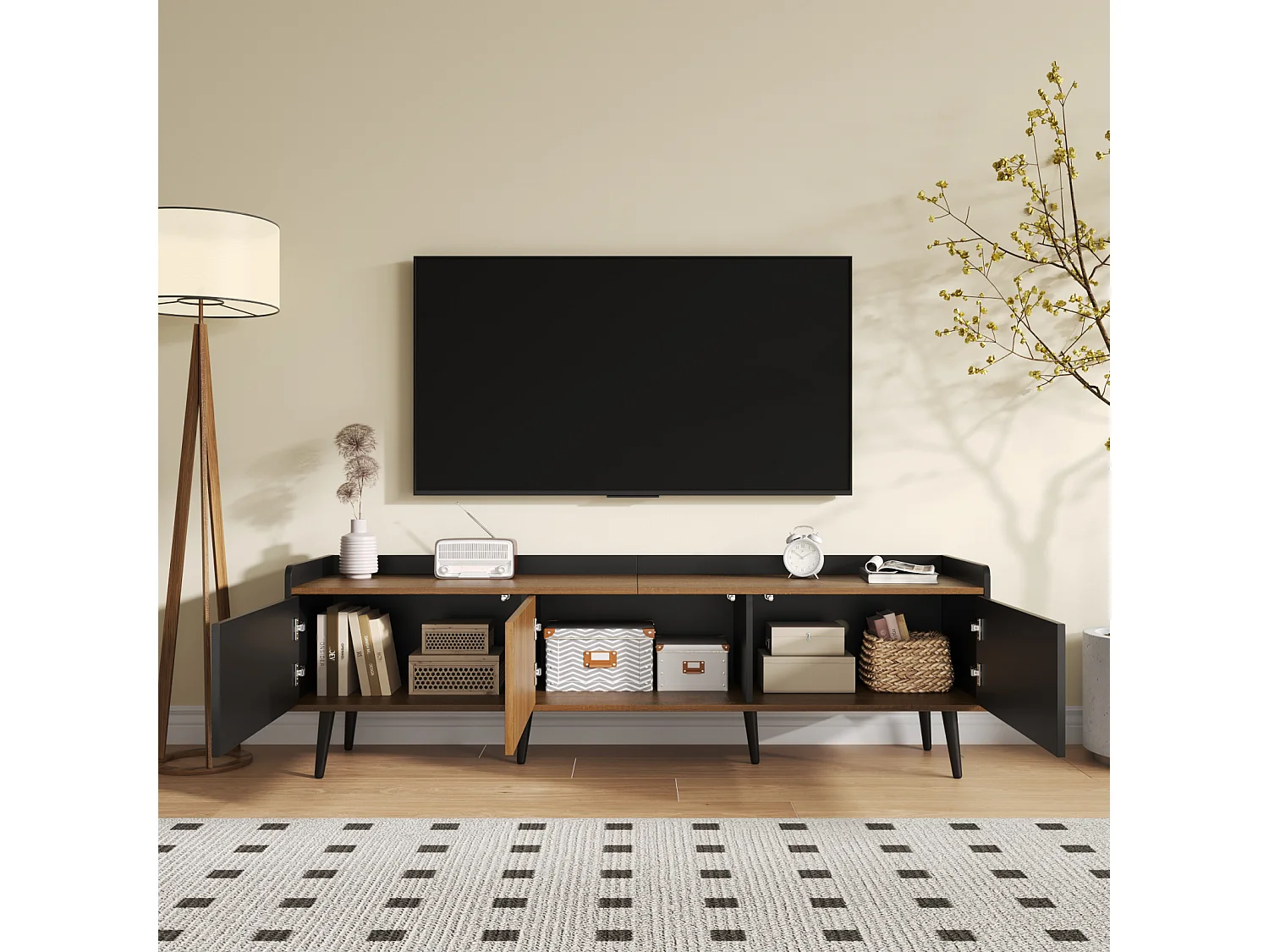 Moderne tv-kast met 3 deuren, lage kast in zwart en natuurlijke houtafwerking, 160x39x49,5cm