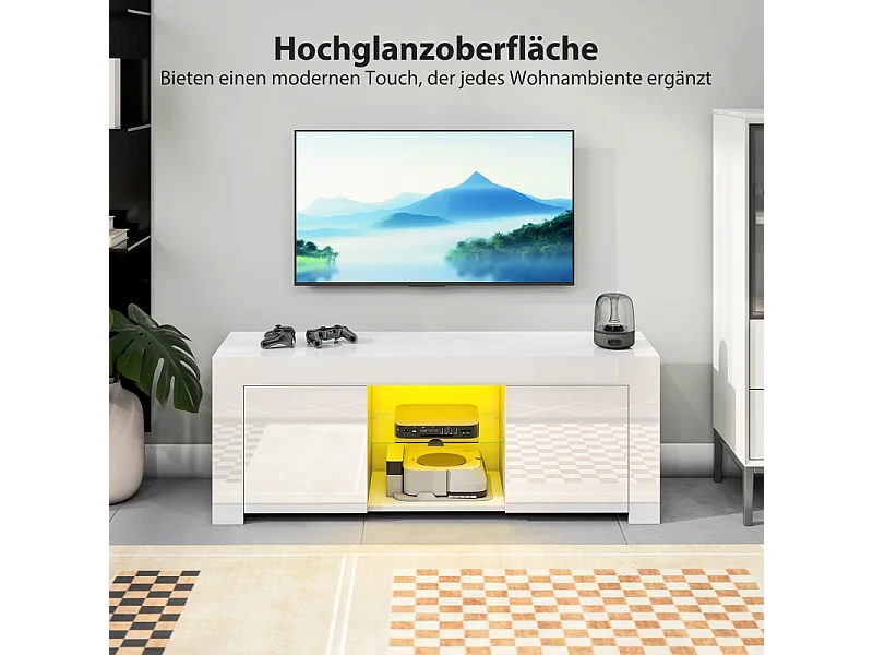 Witte tv-standaard, 2 deuren, glazen plank, ledverlichting en kabelmanagement, voor woonkamer, 120 x 34 x 45 cm