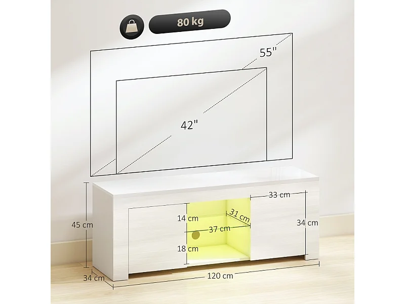 Witte tv-standaard, 2 deuren, glazen plank, ledverlichting en kabelmanagement, voor woonkamer, 120 x 34 x 45 cm