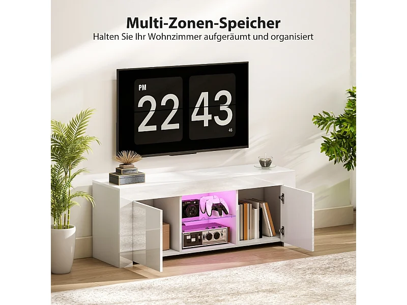 Witte tv-standaard, 2 deuren, glazen plank, ledverlichting en kabelmanagement, voor woonkamer, 120 x 34 x 45 cm