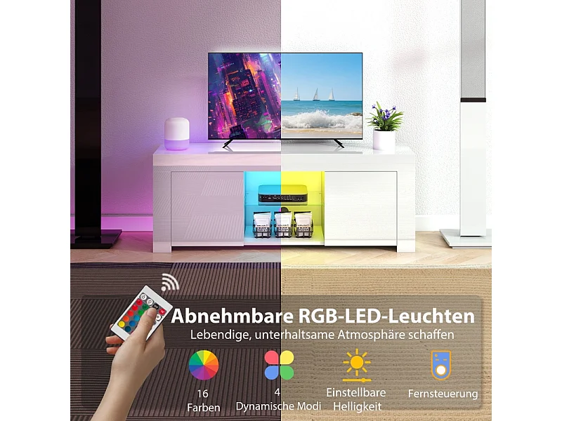 Witte tv-standaard, 2 deuren, glazen plank, ledverlichting en kabelmanagement, voor woonkamer, 120 x 34 x 45 cm