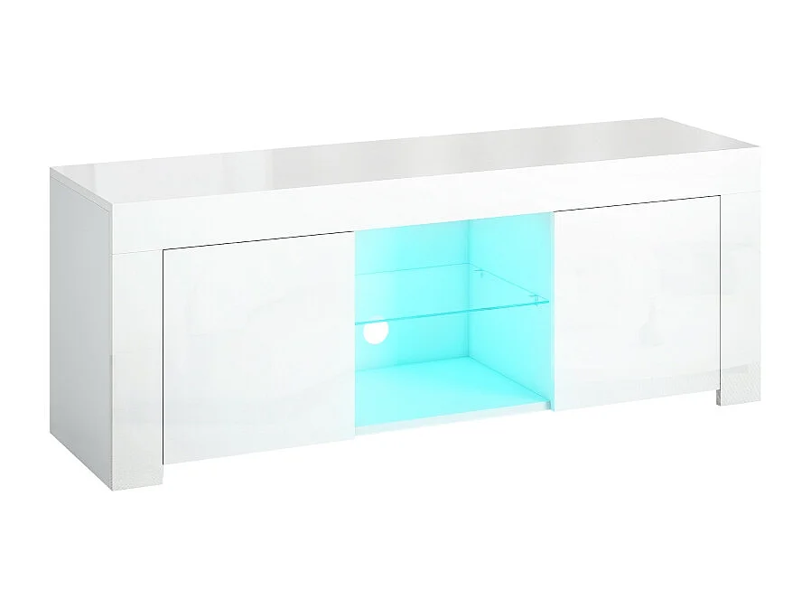 Witte tv-standaard, 2 deuren, glazen plank, ledverlichting en kabelmanagement, voor woonkamer, 120 x 34 x 45 cm