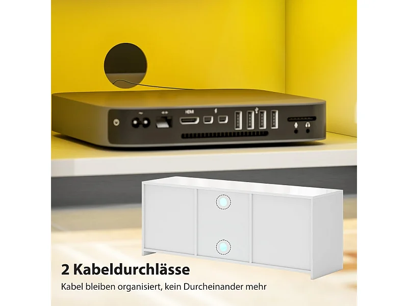 Witte tv-standaard, 2 deuren, glazen plank, ledverlichting en kabelmanagement, voor woonkamer, 120 x 34 x 45 cm