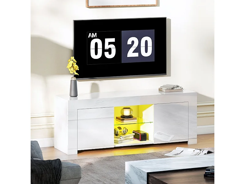 Witte tv-standaard, 2 deuren, glazen plank, ledverlichting en kabelmanagement, voor woonkamer, 120 x 34 x 45 cm