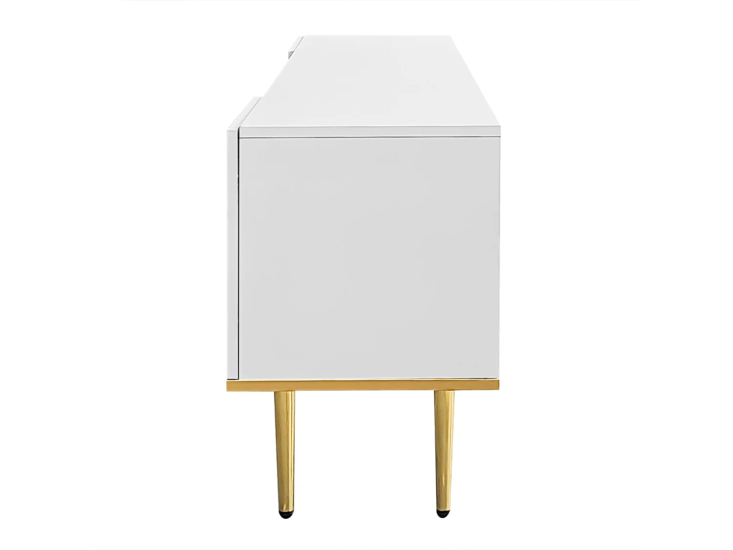 Meuble TV moderne avec pieds dorés et bordure dorée, grande capacité de rangement pour salon, Blanc