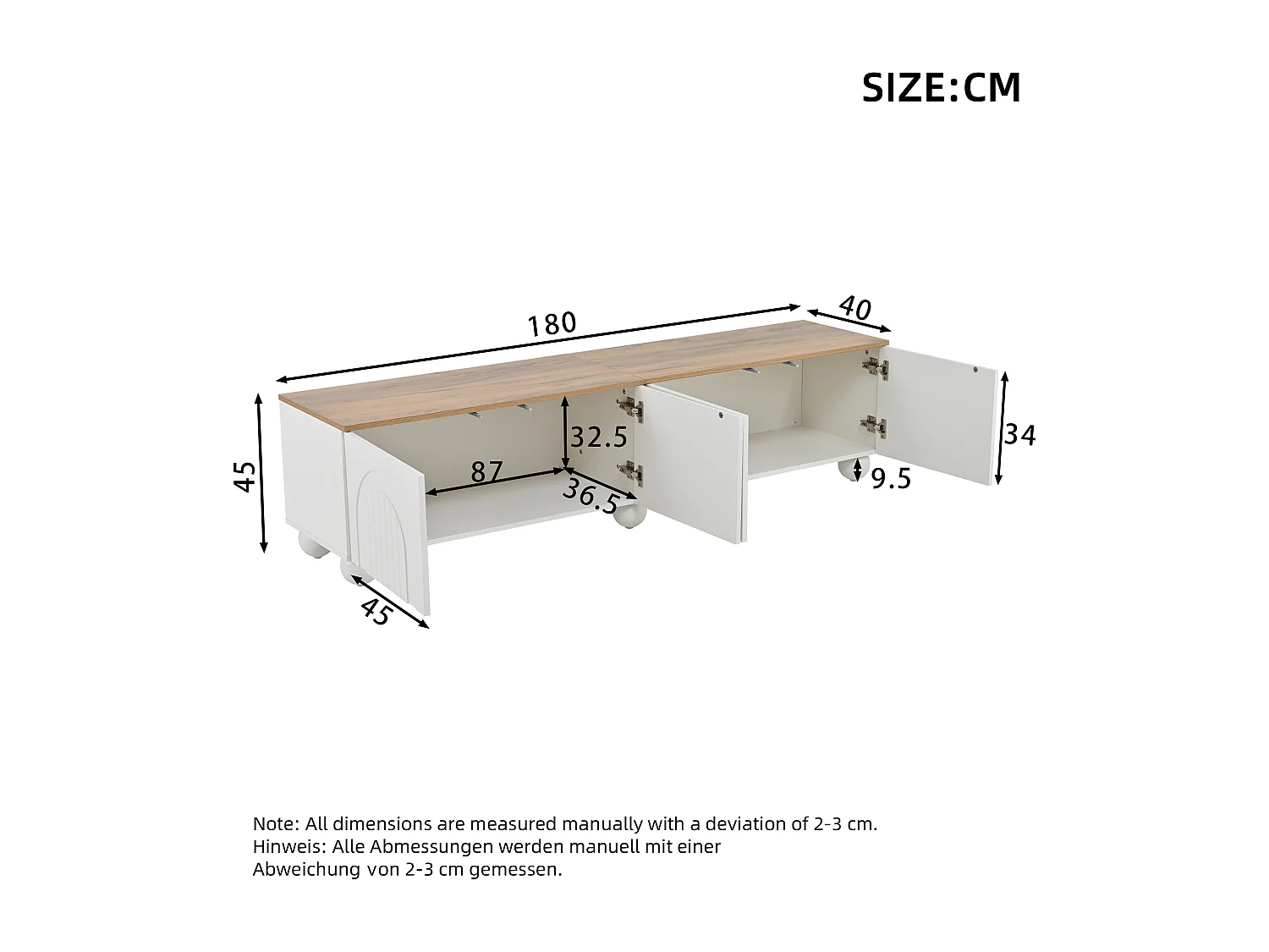 Meuble TV bas 180 × 40 × 45 cm bois/blanc, 4 placards, 6 pieds métal, lowboard pour TV jusqu’à 80"