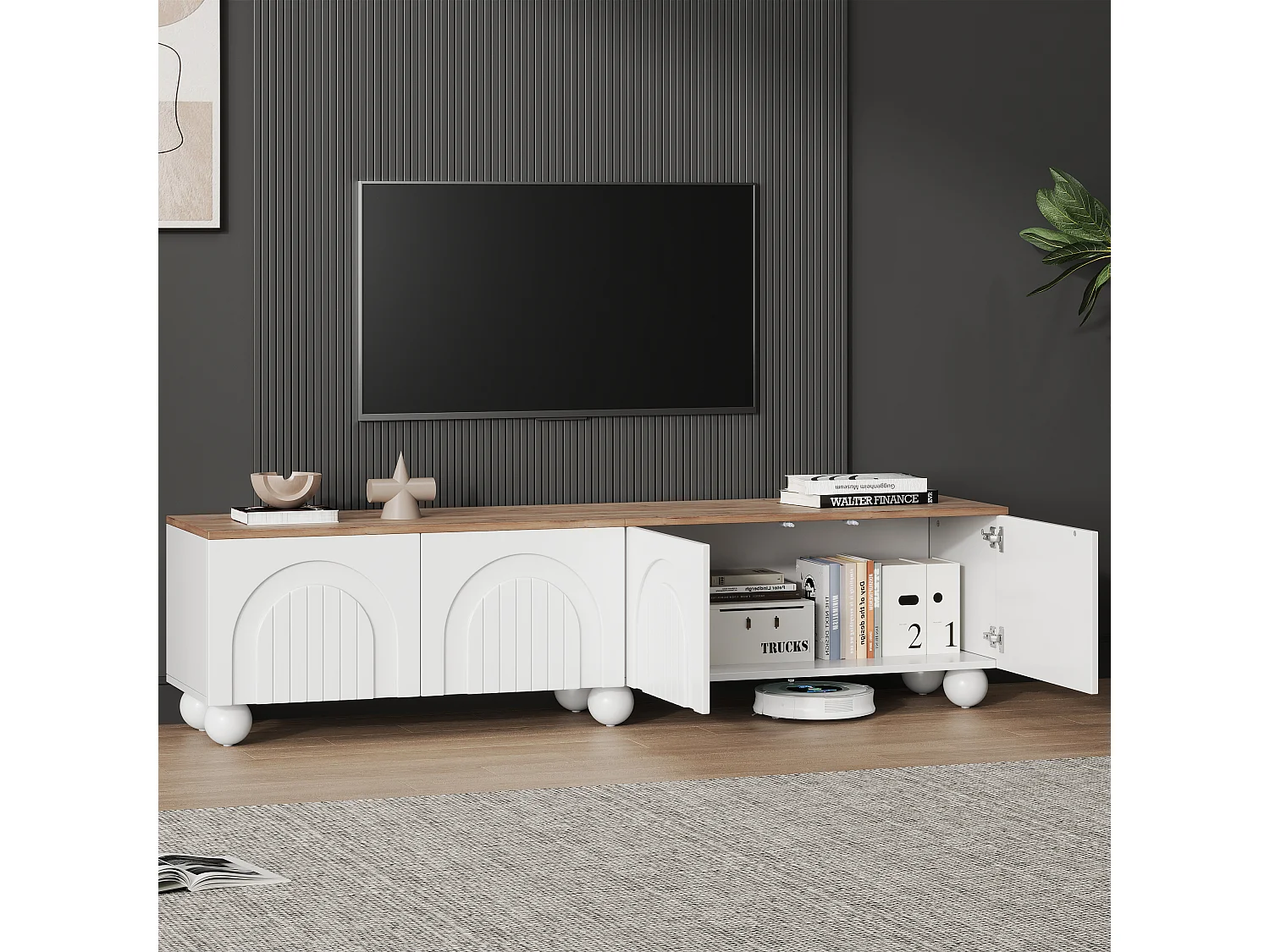 Meuble TV bas 180 × 40 × 45 cm bois/blanc, 4 placards, 6 pieds métal, lowboard pour TV jusqu’à 80"