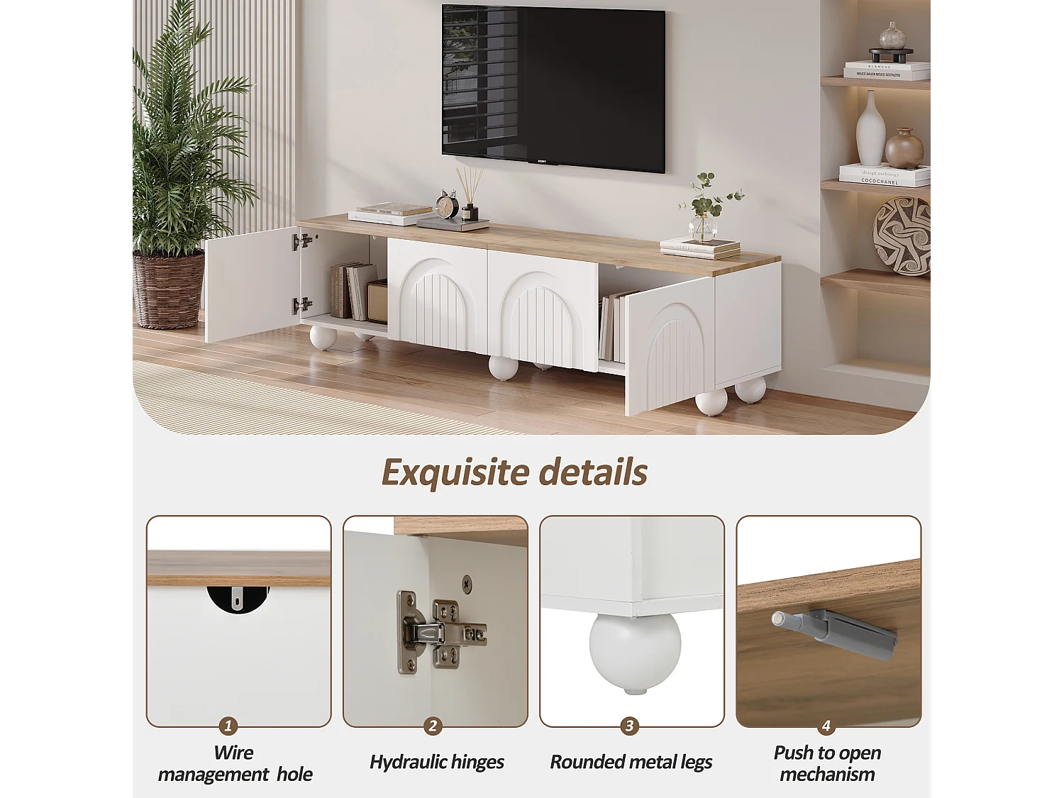 Meuble TV bas 180 × 40 × 45 cm bois/blanc, 4 placards, 6 pieds métal, lowboard pour TV jusqu’à 80"