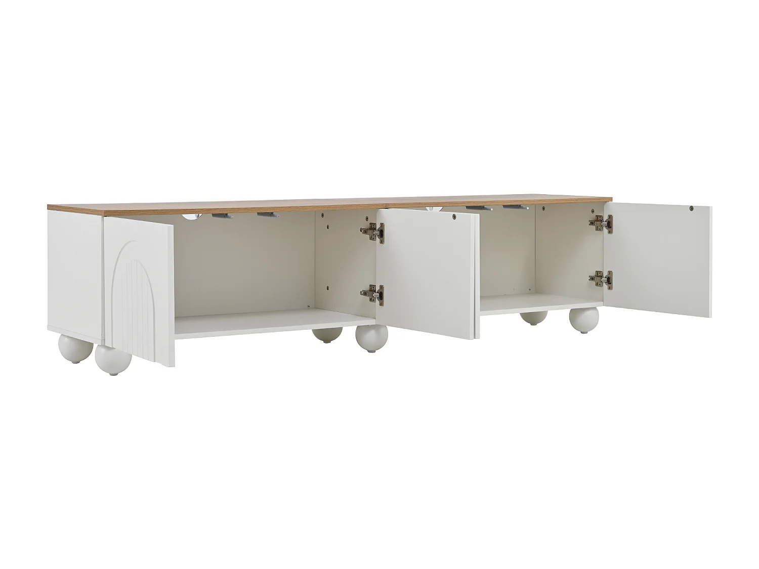 Meuble TV bas 180 × 40 × 45 cm bois/blanc, 4 placards, 6 pieds métal, lowboard pour TV jusqu’à 80"