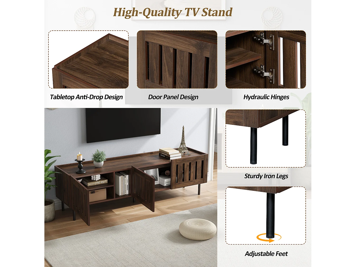 Mobile TV basso 160×40×47 cm, color noce, design traforato, mobile basso in MDF, per TV fino a 65", soggiorno