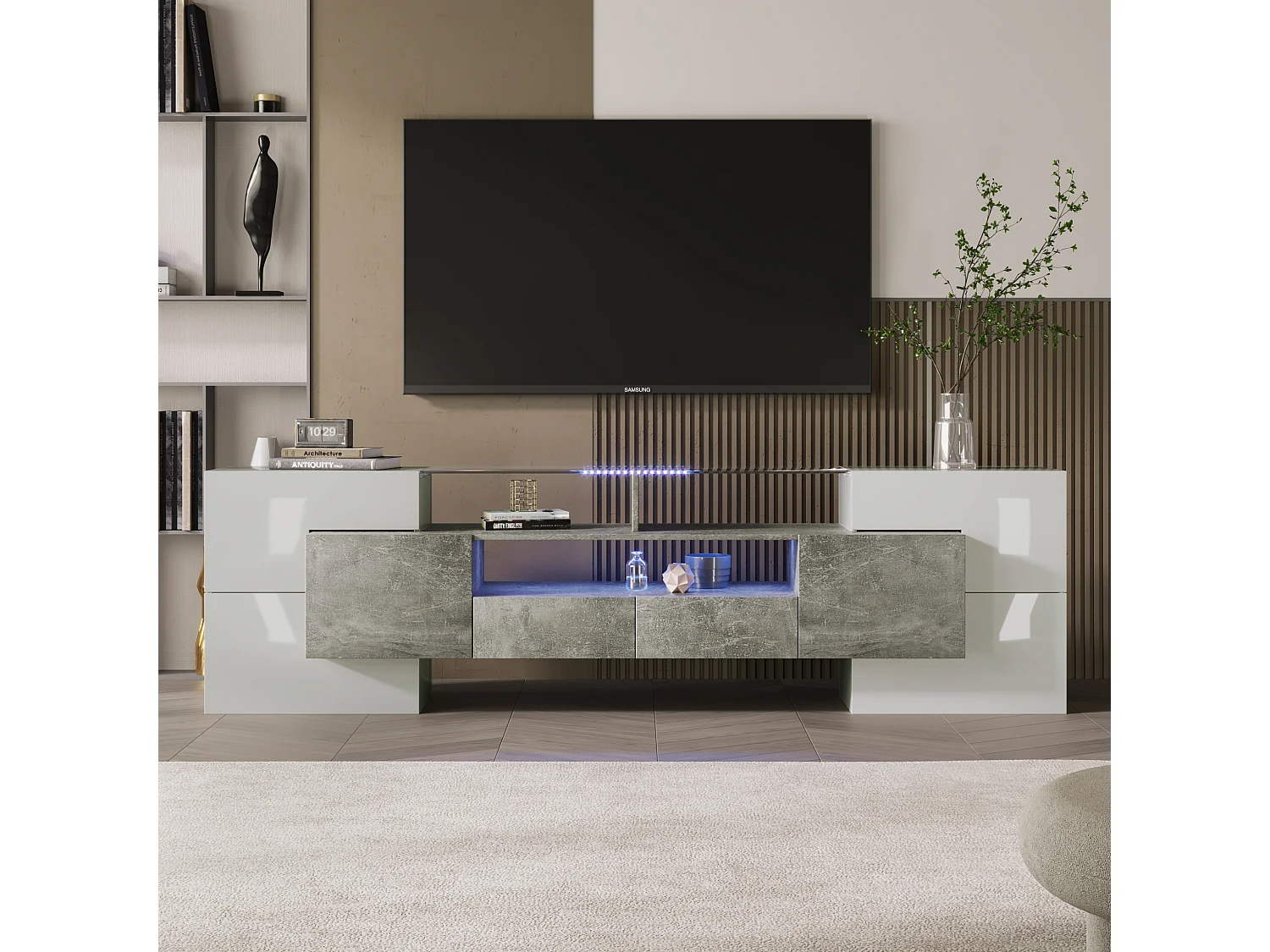 LED TV-standaard, hoge tv-kast voor woonkamer, met opbergruimte, 200 x 30 x 60 cm, wit & grijs
