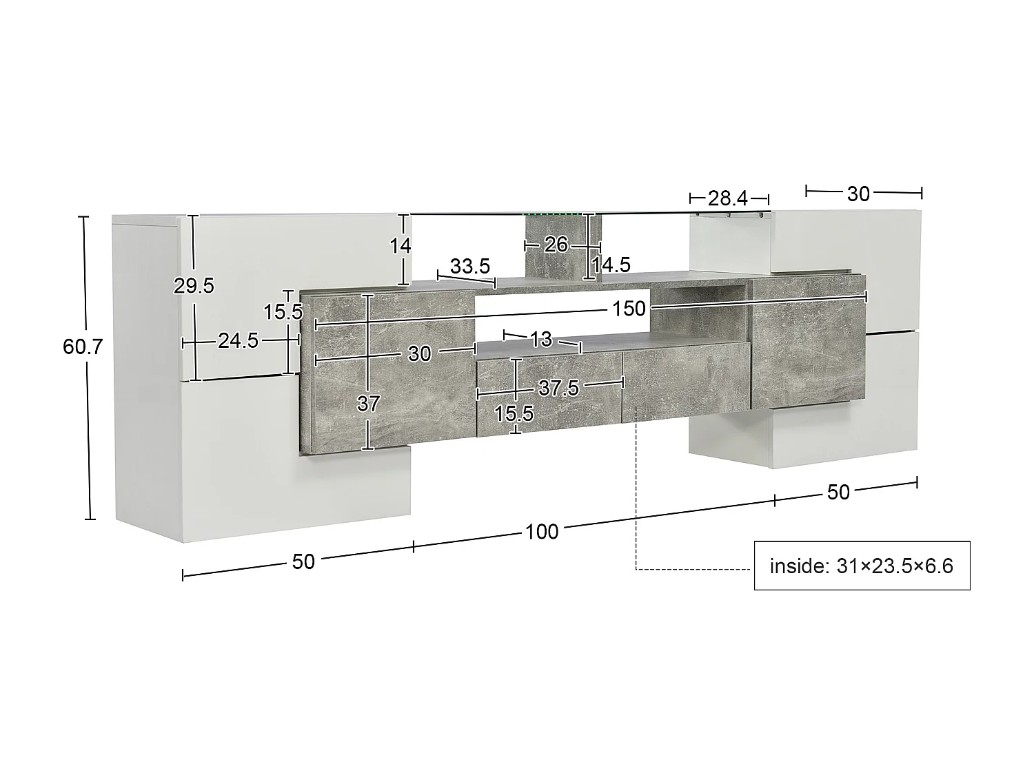 LED TV-standaard, hoge tv-kast voor woonkamer, met opbergruimte, 200 x 30 x 60 cm, wit & grijs