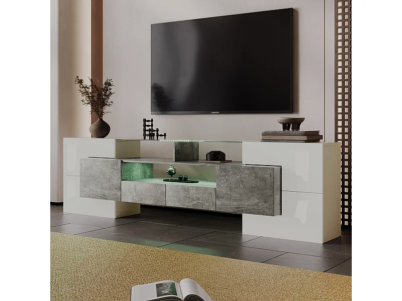 LED TV-standaard, hoge tv-kast voor woonkamer, met opbergruimte, 200 x 30 x 60 cm, wit & grijs