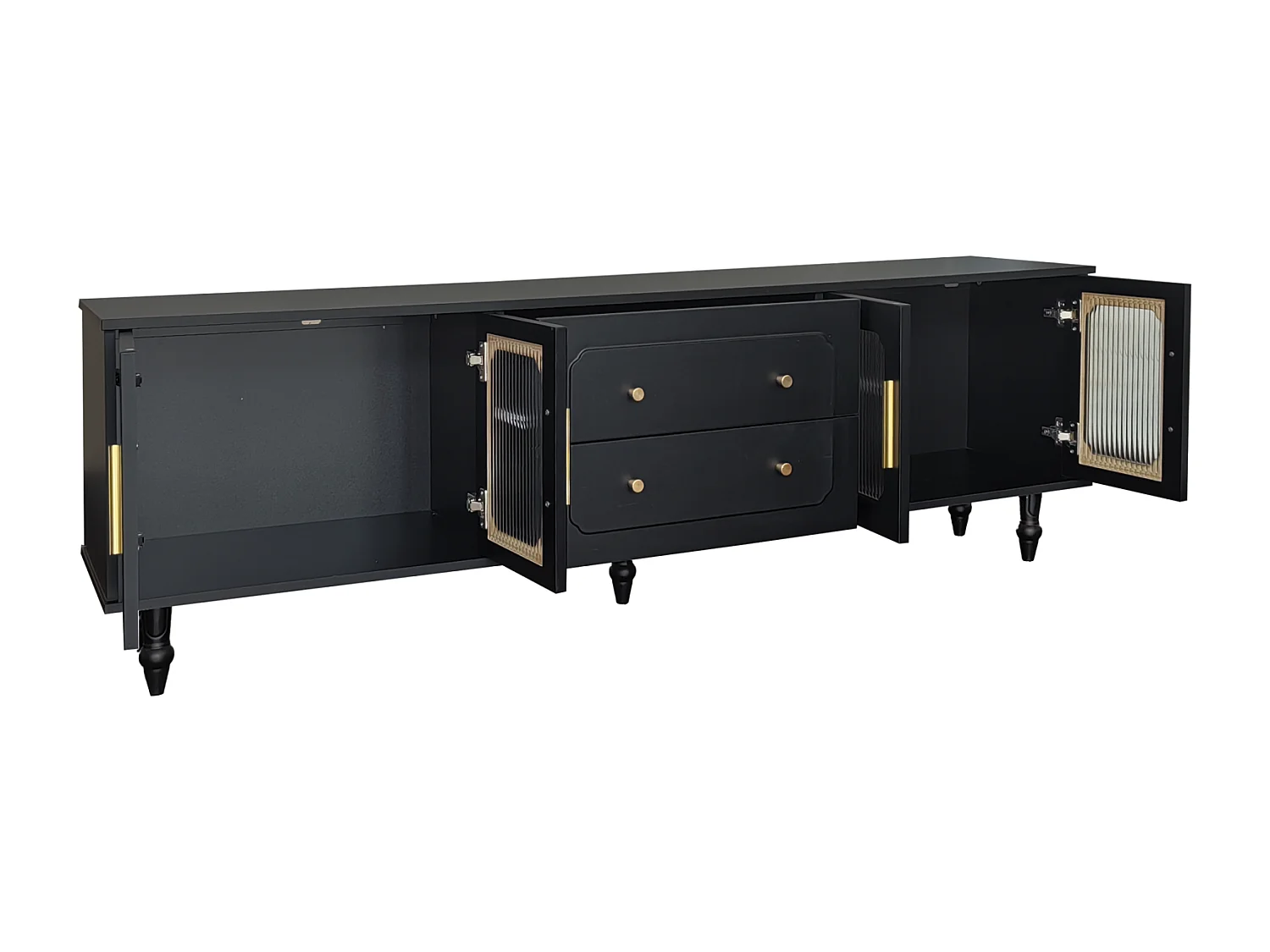 Mueble de TV bajo de estilo retro con 6 compartimentos de almacenamiento, patas de madera maciza, color negro