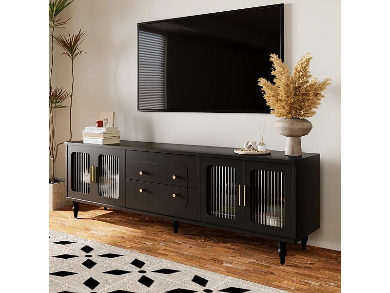 Mueble de TV bajo de estilo retro con 6 compartimentos de almacenamiento, patas de madera maciza, color negro