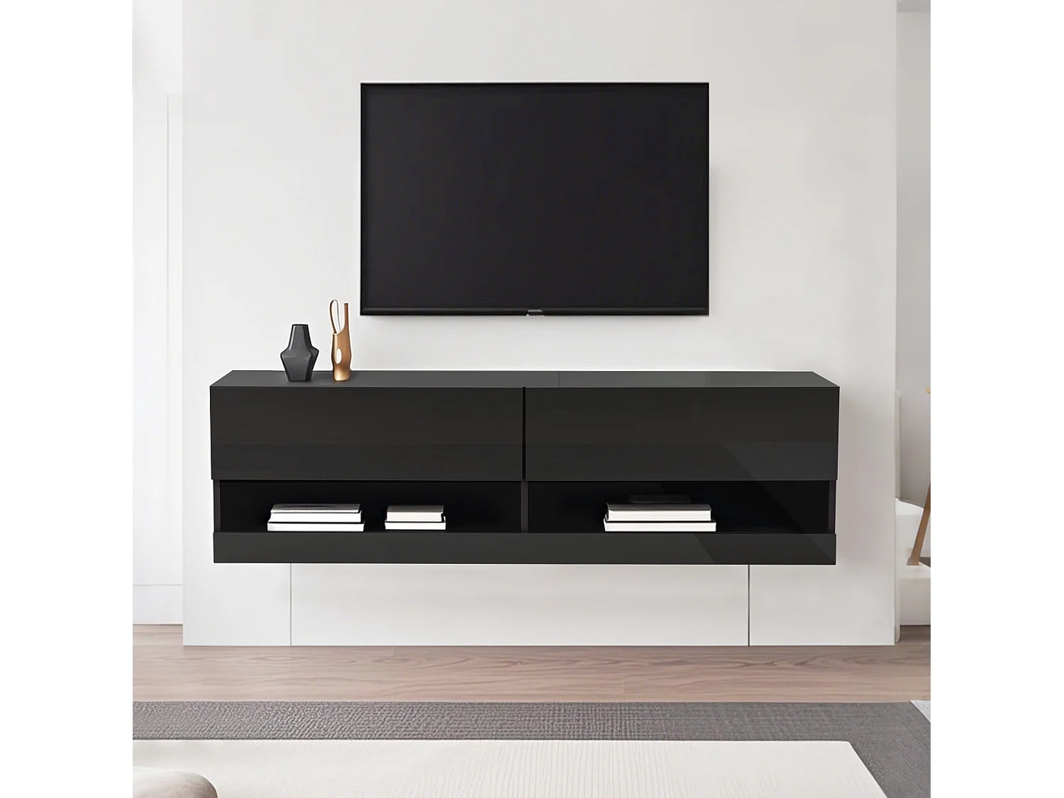 Móvel para TV de parede ou embutido, 140 × 35 × 40 cm, preto, iluminação LED de 7 cores, rack para TV, ideal para sala de estar.