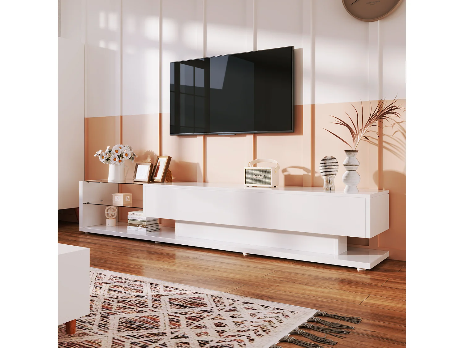 Moderne tv-kast met ledverlichting, tv-meubel met 2 lades en glazen planken, lage kast, wit