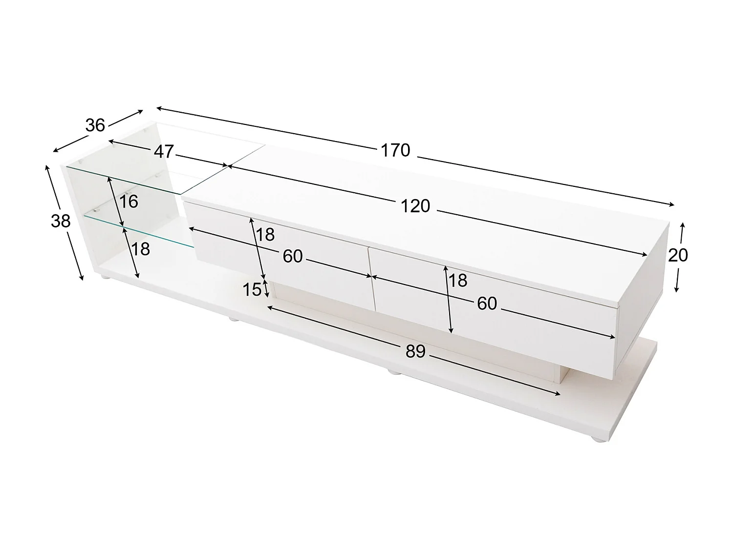 Moderne tv-kast met ledverlichting, tv-meubel met 2 lades en glazen planken, lage kast, wit