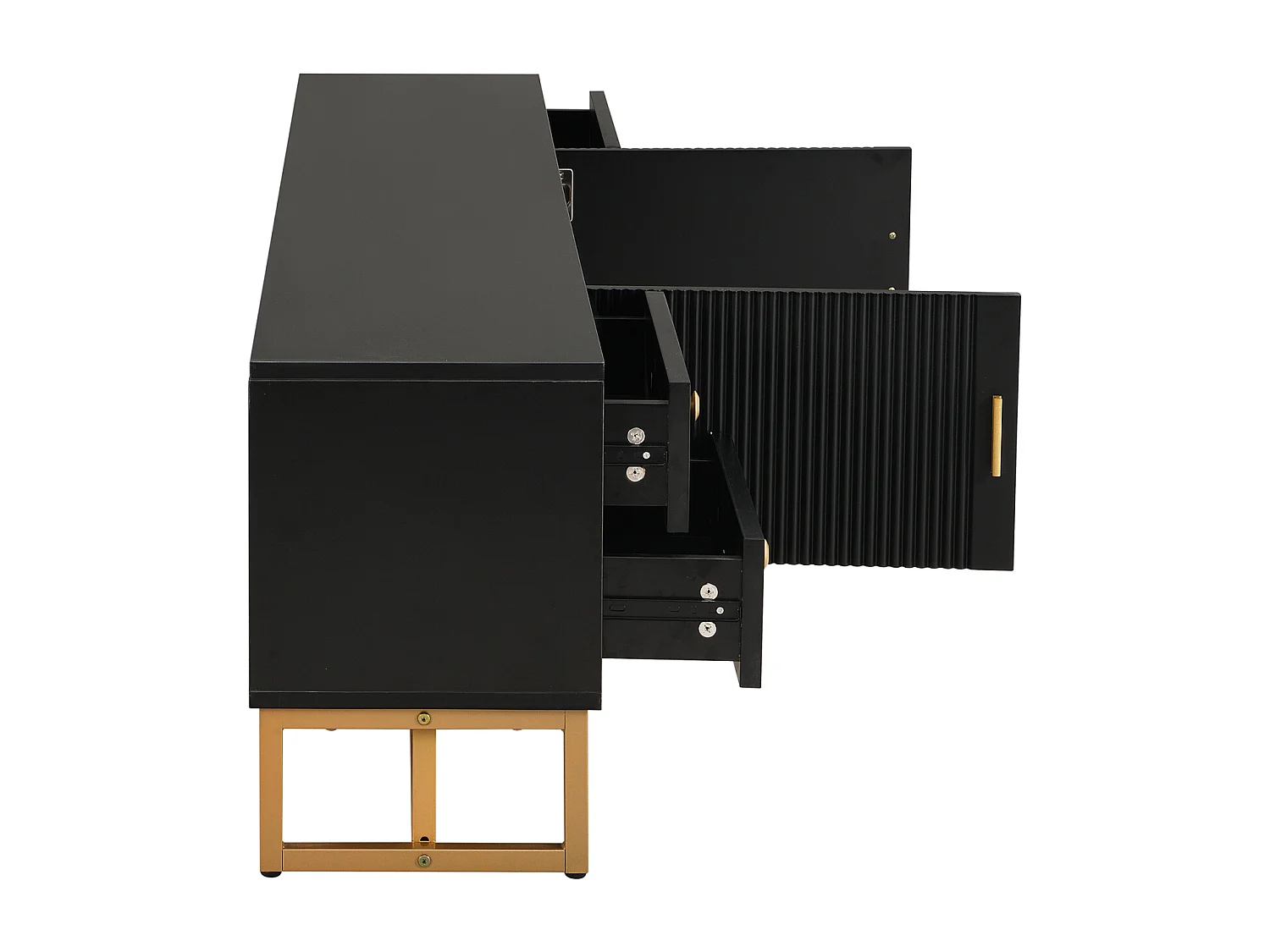 Mueble TV con almacenaje, 2 puertas y 4 cajones, mueble TV bajo, patas y tiradores dorados, color negro