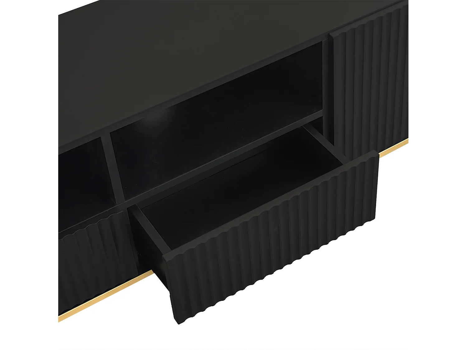 Moderno mueble de TV con patas y molduras doradas, gran capacidad de almacenamiento para salón, color negro.