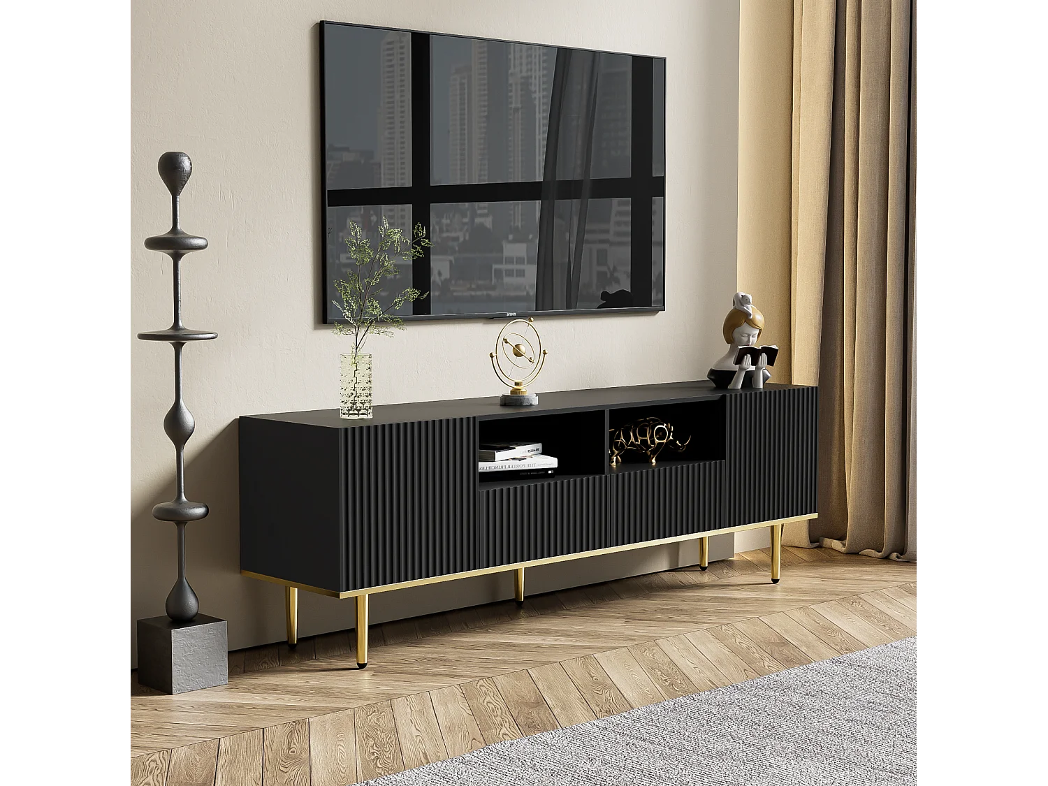 Meuble TV moderne avec pieds dorés et bordure dorée, grande capacité de rangement pour salon, Noir