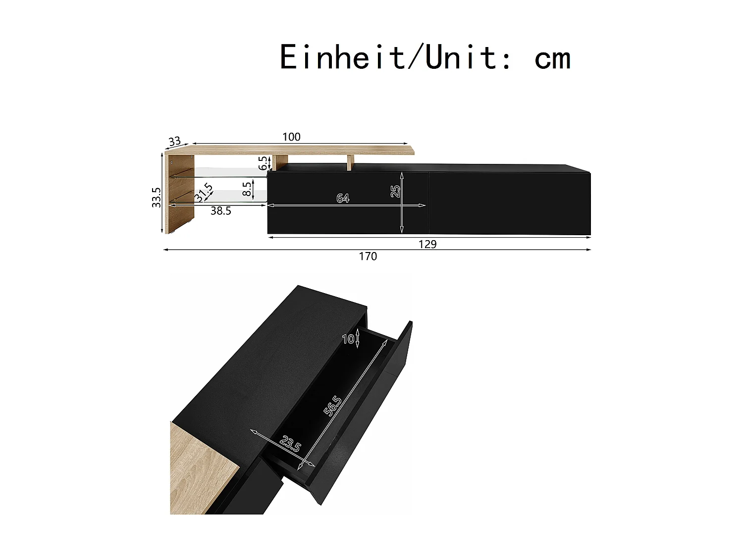 Mueble de TV moderno con iluminación LED, cómoda con espacio de almacenamiento, estantes de cristal, 170x33x33,5cm, Negro