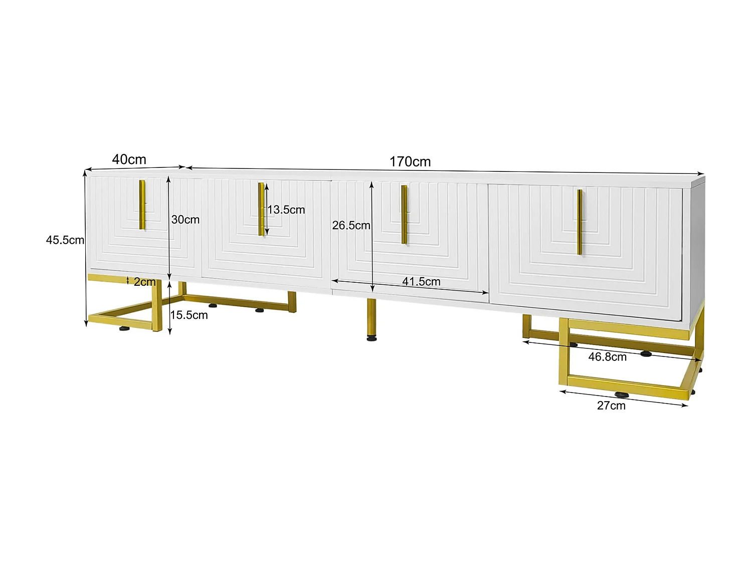 Mobile TV basso con anta texturizzata, maniglie e gambe dorate, credenza bassa per soggiorno, 170x40x45 cm, bianco