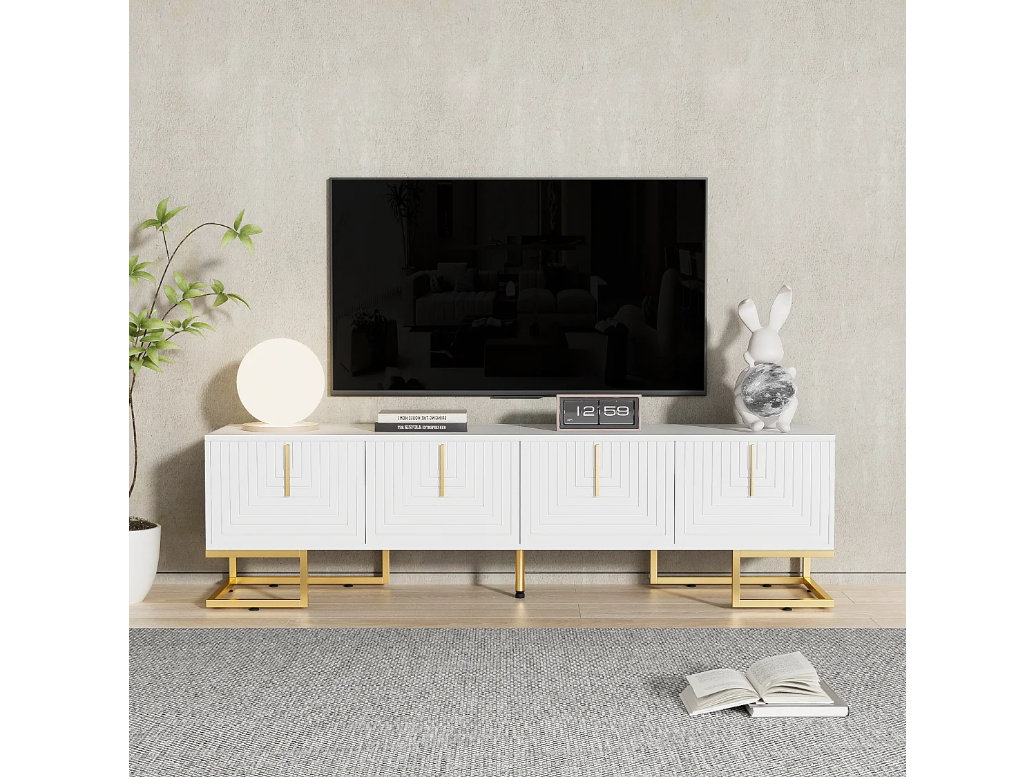 Meuble TV bas avec porte texturée, poignées et pieds dorés, lowboard pour salon, 170x40x45 cm, blanc