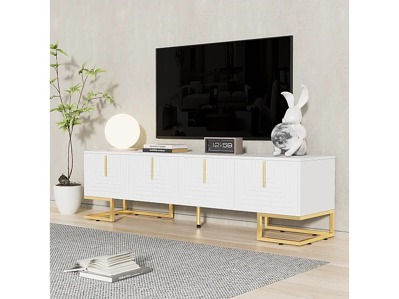 Mobile TV basso con anta texturizzata, maniglie e gambe dorate, credenza bassa per soggiorno, 170x40x45 cm, bianco