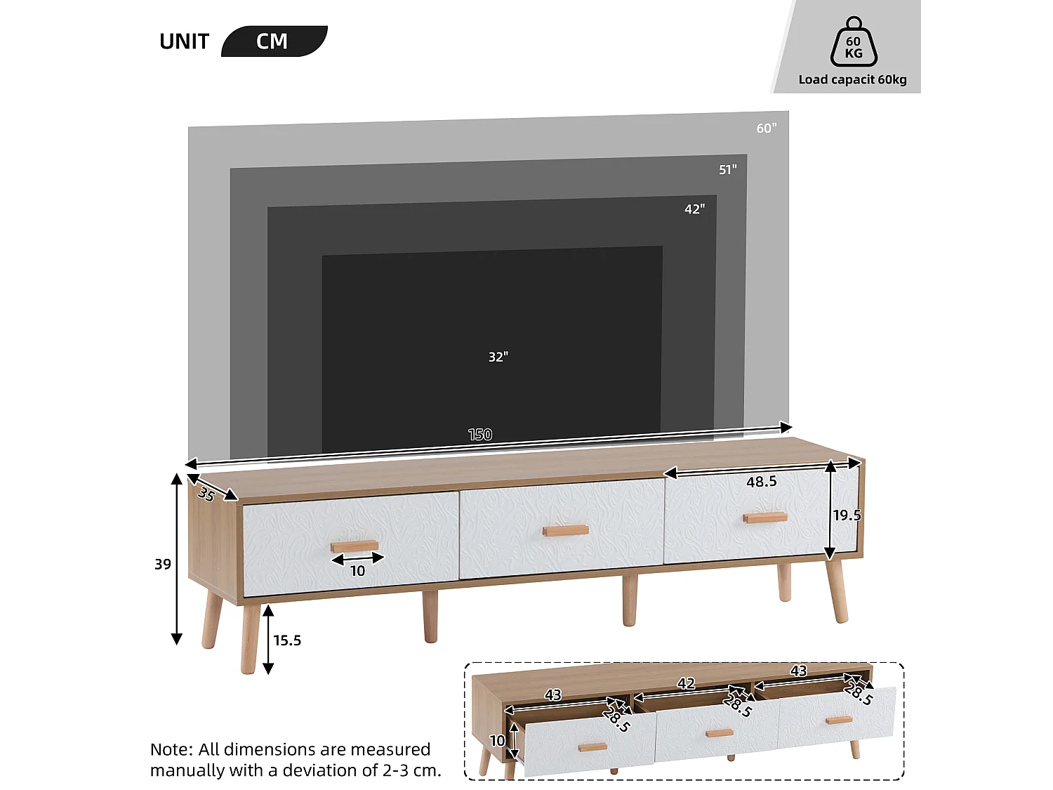 Mobile TV basso 150 × 35 × 39 cm, stile vintage, legno chiaro, ante bianche, per soggiorno o camera da letto