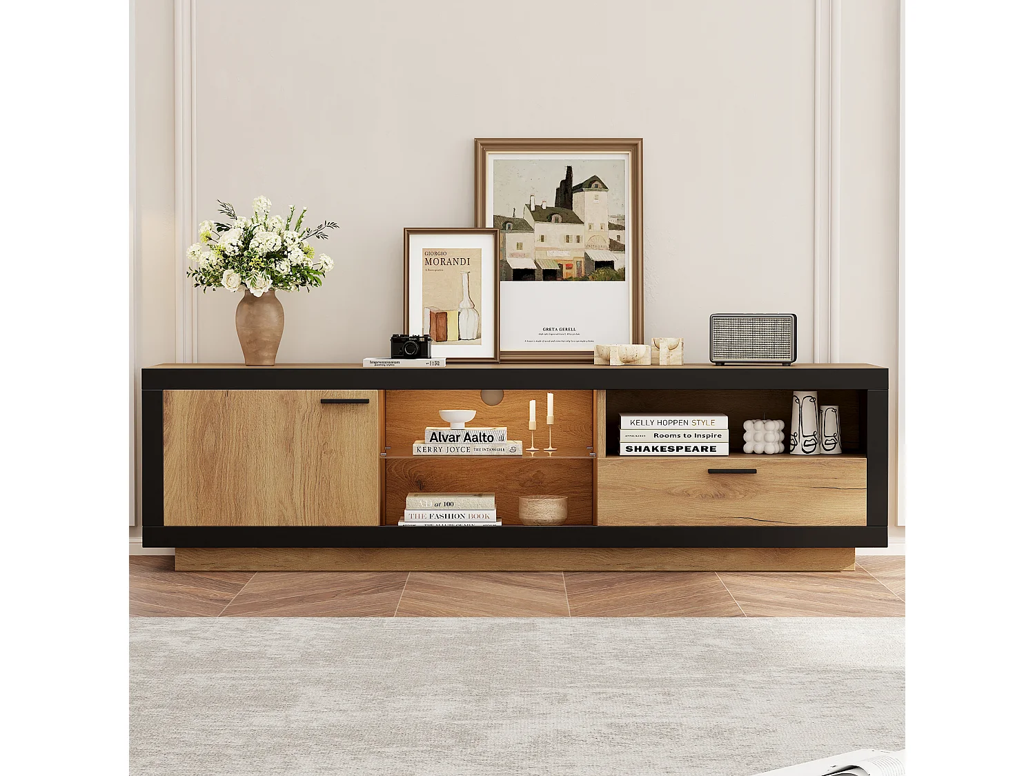 Meuble TV LED 160 * 40 * 50cm, Moderne Lowboard Rangement, Console TV avec Étagères en Verre, Noir