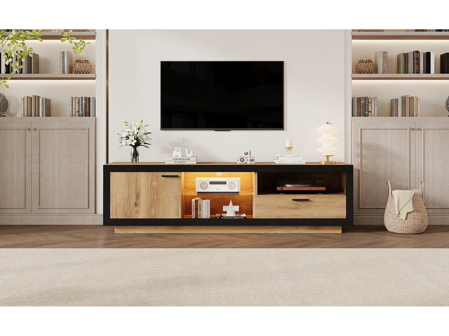 Meuble TV LED 160 * 40 * 50cm, Moderne Lowboard Rangement, Console TV avec Étagères en Verre, Noir