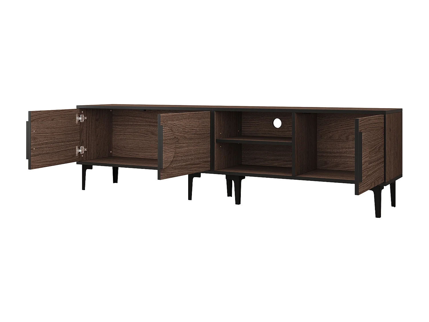 Lage tv-kast 180 × 35 × 49 cm in donker notenhout, met 2 kasten en open planken, voor de woonkamer