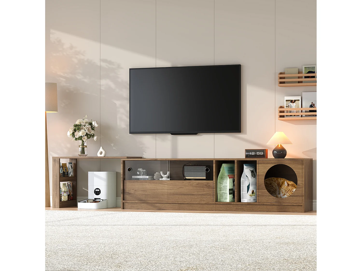 Mobile porta TV girevole moderno 180(+80)×40×50 cm color noce, ante in vetro rinforzato, zona riposo per gatti
