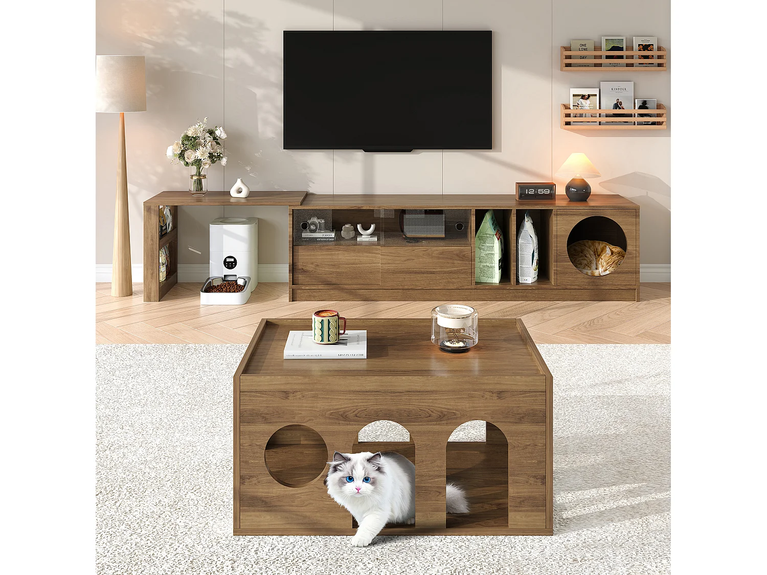 Mobile porta TV girevole moderno 180(+80)×40×50 cm color noce, ante in vetro rinforzato, zona riposo per gatti