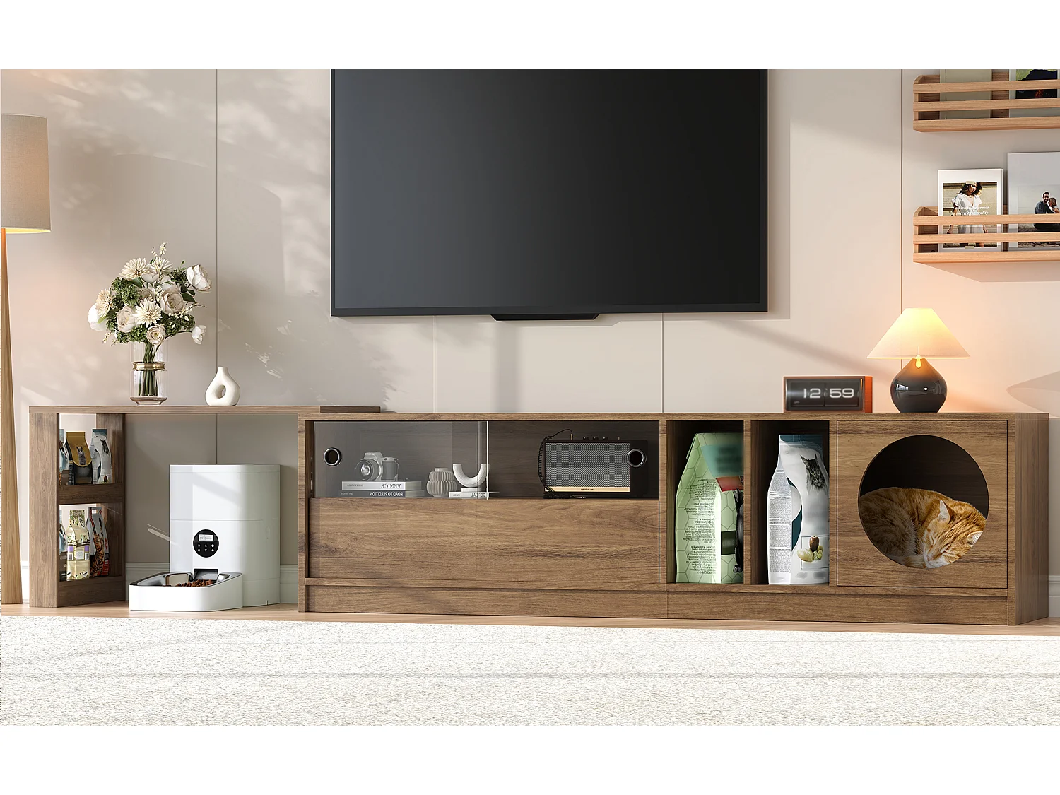 Mobile porta TV girevole moderno 180(+80)×40×50 cm color noce, ante in vetro rinforzato, zona riposo per gatti