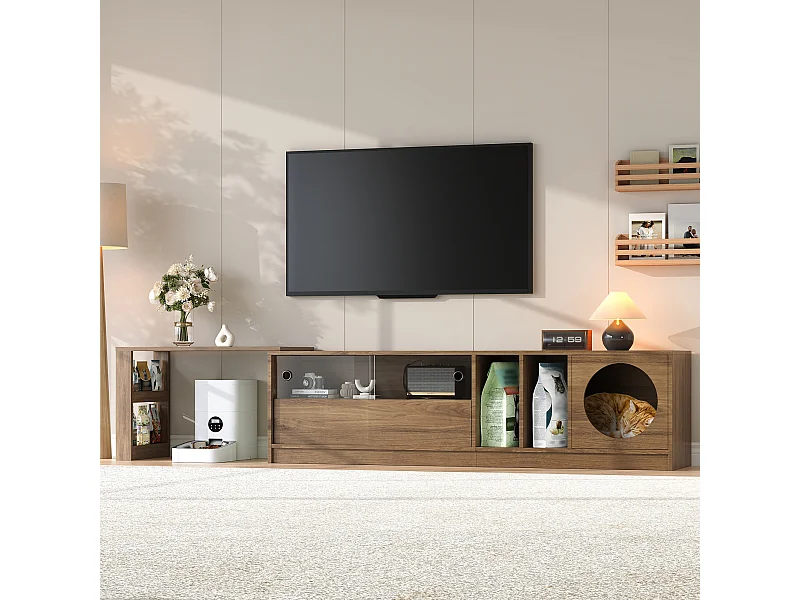 Mobile porta TV girevole moderno 180(+80)×40×50 cm color noce, ante in vetro rinforzato, zona riposo per gatti