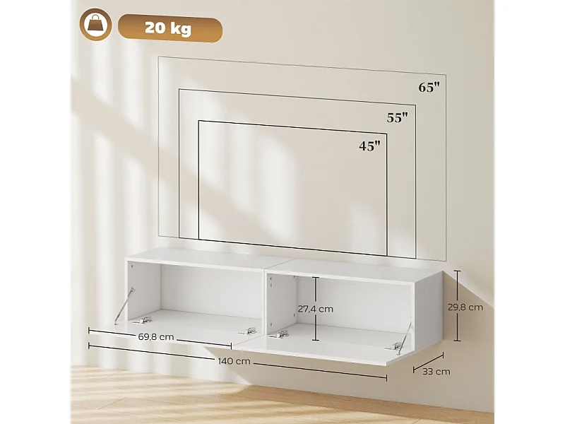 Witte 140cm wand- of laagprofiel tv-meubel met geïntegreerde opbergruimte, geschikt voor tv's tot 65", woonkamer