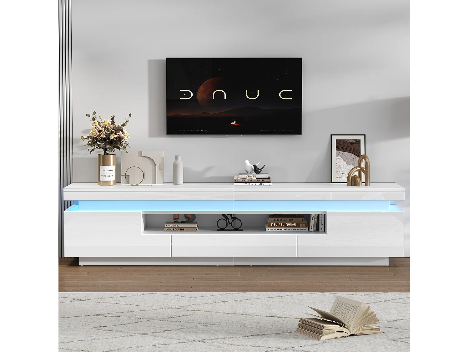 Mobile TV basso 175 × 38 × 45 cm laccato con illuminazione a LED, 2 armadi a L, spazio di archiviazione semi-aperto, per soggiorno