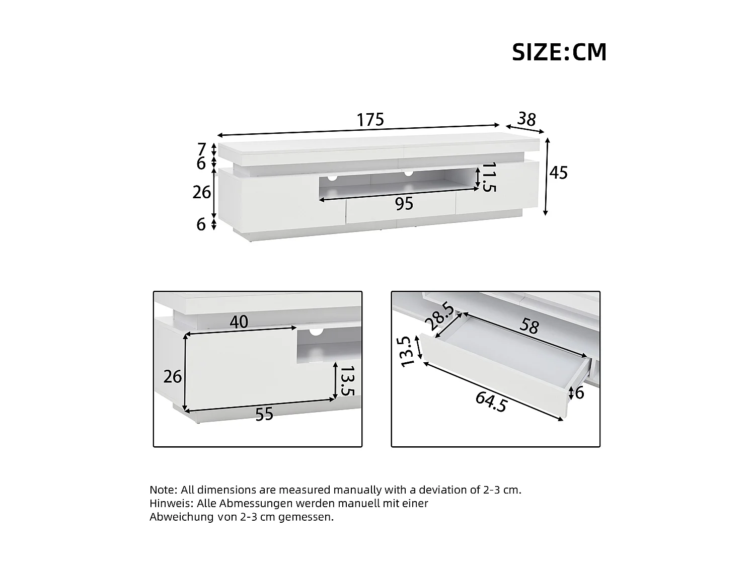 Mobile TV basso 175 × 38 × 45 cm laccato con illuminazione a LED, 2 armadi a L, spazio di archiviazione semi-aperto, per soggiorno