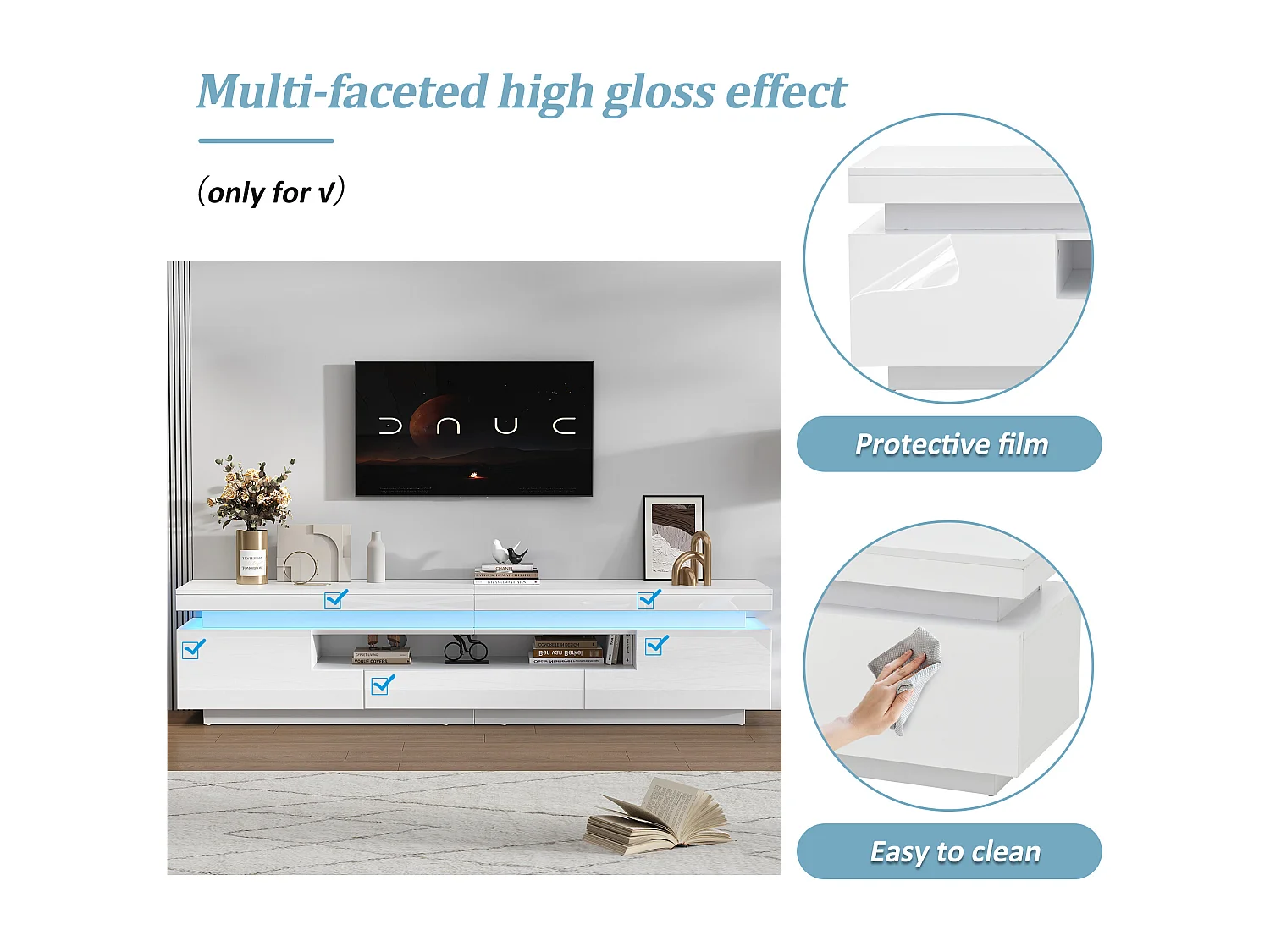 Mobile TV basso 175 × 38 × 45 cm laccato con illuminazione a LED, 2 armadi a L, spazio di archiviazione semi-aperto, per soggiorno