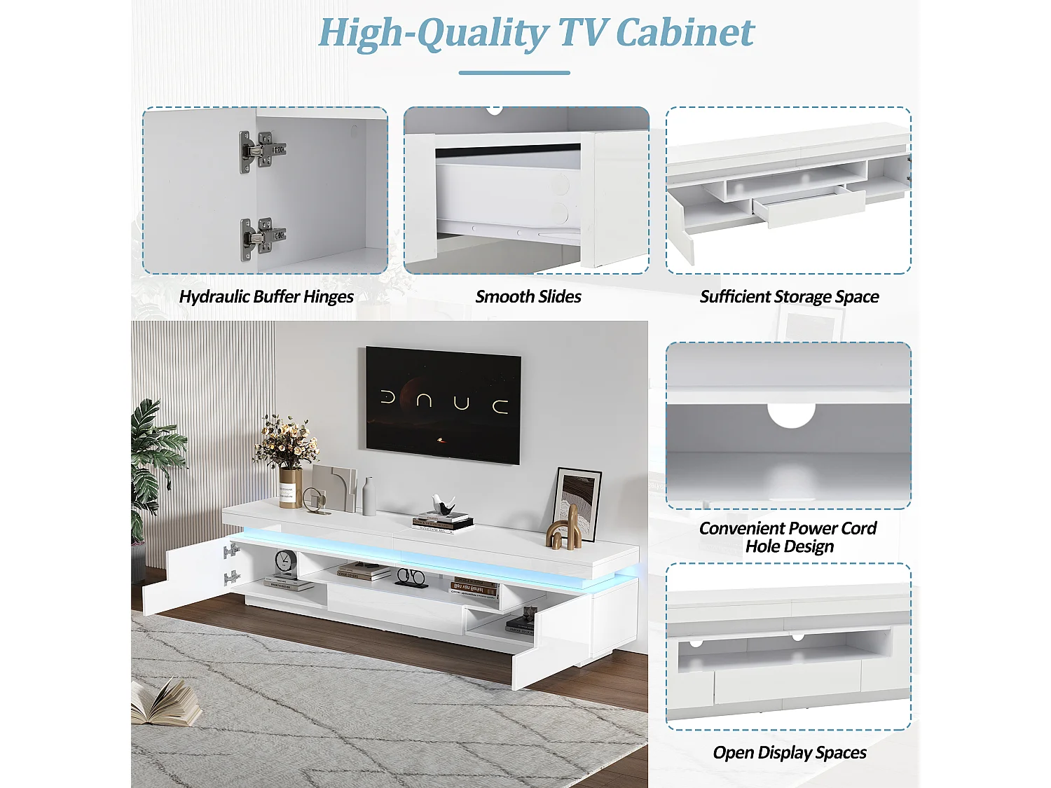 Mobile TV basso 175 × 38 × 45 cm laccato con illuminazione a LED, 2 armadi a L, spazio di archiviazione semi-aperto, per soggiorno