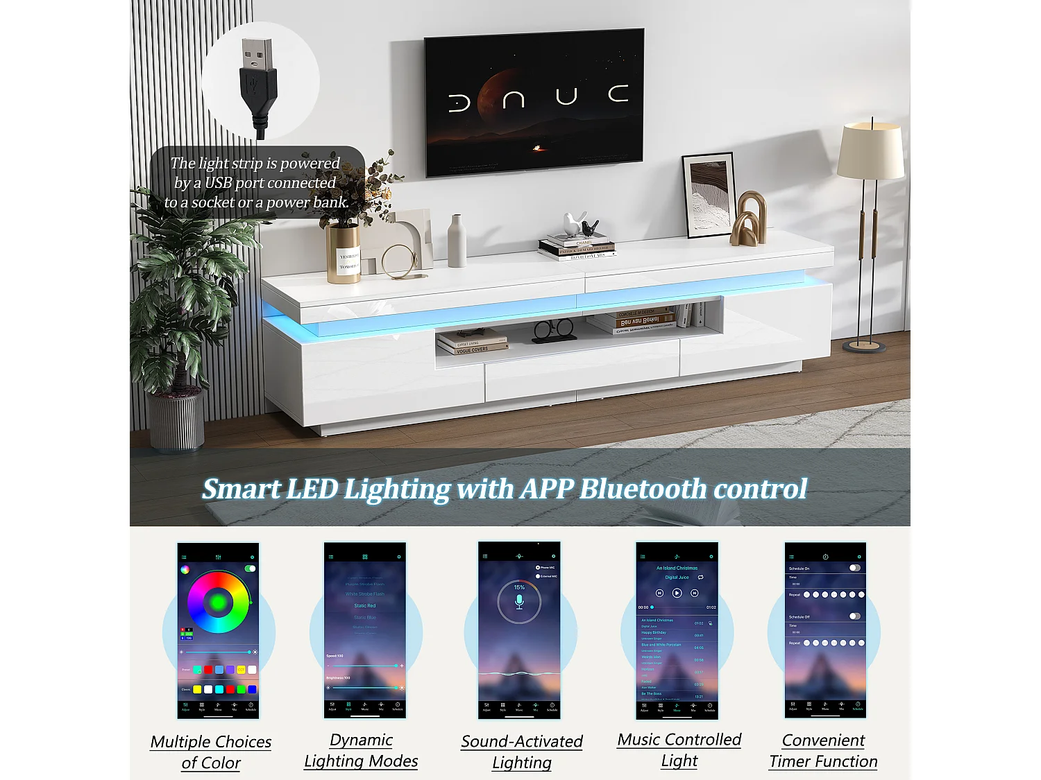 Mobile TV basso 175 × 38 × 45 cm laccato con illuminazione a LED, 2 armadi a L, spazio di archiviazione semi-aperto, per soggiorno